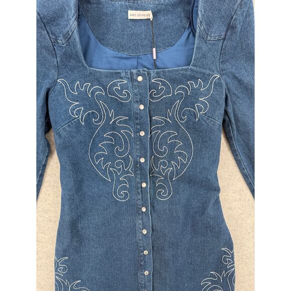 NWT Avec Les Filles Western Portrait-Neck Snap-Front Embroidered Denim Dress - Picture 7 of 11